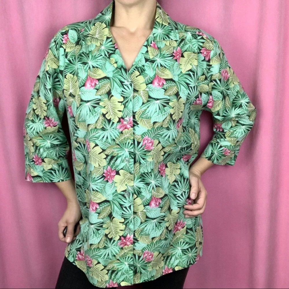 Vintage 80s/90s Blair Tropical Monstera Leaf Lotus Floral Button Up